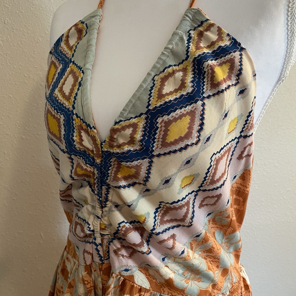 Angie Boho Mixed Print Halter Jumpsuit L | Wide Leg Ruffle Hem Festival Style - Picture 4 of 11